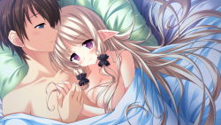 Rule 34 | 1girl, bed, blonde hair, blush, breasts, collarbone, game cg, julia lin road, long hair, magical marriage lunatics!!, nipples, nude, pillow, pointy ears, smile, yamakaze ran