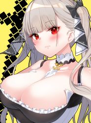 Rule 34 | 1girl, azur lane, between breasts, black ribbon, blunt bangs, blush, breasts, choker, cleavage, closed mouth, collarbone, commentary request, formidable (azur lane), grey hair, hair ribbon, highres, huge breasts, long hair, looking at viewer, red eyes, ribbon, solo, templus, twintails, two-tone ribbon, upper body, white ribbon, yellow background
