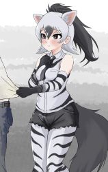 Rule 34 | 1girl, aardwolf (kemono friends), aardwolf print, animal ears, animal print, bare shoulders, black eyes, black hair, black neckwear, black shorts, blush, breast pocket, closed mouth, clothes grab, collared shirt, cutoffs, elbow gloves, extra ears, gloves, grabbing, grey hair, hair between eyes, hand on own chest, hand up, heart, heart-shaped pupils, high ponytail, highres, kemono friends, kyonin dofu, long hair, looking at another, looking to the side, multicolored hair, necktie, pantyhose, pantyhose under shorts, pocket, ponytail, print gloves, print legwear, print pantyhose, print shirt, shirt, shorts, sleeveless, sleeveless shirt, smile, solo focus, standing, symbol-shaped pupils, tail, two-tone hair, wing collar