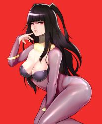 Rule 34 | 1girl, alex (cerealex), armlet, black eyes, black hair, bodystocking, bodysuit, breasts, bridal gauntlets, cleavage, commentary, female focus, fingernails, fire emblem, fire emblem awakening, fire emblem heroes, hand up, highres, lips, long hair, looking at viewer, matching hair/eyes, medium breasts, nintendo, parted lips, red background, shiny clothes, simple background, skin tight, smile, solo, tharja (fire emblem), thighs, turtleneck, two side up