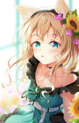 Rule 34 | 1girl, animal ear fluff, animal ears, arknights, bare shoulders, belt, black choker, black headband, blue dress, blue eyes, blurry, blurry background, blush, breasts, chinese commentary, choker, collarbone, commentary request, cowboy shot, dress, flower, frilled dress, frills, green brooch, hair flower, hair ornament, headband, hzs yumu, long hair, looking at viewer, medium breasts, parted lips, podenco (arknights), podenco (wake up from a nap) (arknights), pouch, solo, white belt, window