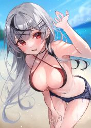 Rule 34 | 1girl, arm up, bare shoulders, bikini, blue shorts, blurry, blurry foreground, breasts, cleavage, criss-cross halter, denim, denim shorts, feet, grey hair, hair ornament, hairclip, halterneck, hand on own thigh, highres, hololive, large breasts, leaning forward, long hair, looking at viewer, misekiss, multicolored hair, navel, open mouth, red eyes, sakamata chloe, sand, short shorts, shorts, smile, solo, standing, streaked hair, swimsuit, virtual youtuber, wavy mouth, x hair ornament