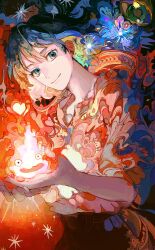 Rule 34 | 2boys, absurdres, blouse, blue eyes, blue hair, calcifer, closed mouth, earrings, fire, highres, howl (howl no ugoku shiro), howl no ugoku shiro, jewelry, looking at viewer, medium hair, multiple boys, necklace, pants, patterned clothing, patterned hair, shirt, smile, yadu nadu