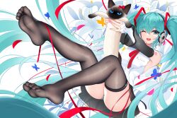 Rule 34 | 1girl, ;d, absurdly long hair, absurdres, animal, aqua eyes, aqua hair, arms up, bare legs, black skirt, bow, bug, cat, commentary, detached sleeves, feet, fingernails, flower, foot focus, full body, hair between eyes, hatsune miku, hatsune miku (nt), headphones, highres, holding, holding animal, holding cat, legs, long hair, long sleeves, looking at viewer, nail polish, nekoda (maoda), no shoes, one eye closed, open mouth, panties, pink nails, red bow, ribbon, shirt, skirt, sleeveless, sleeveless shirt, smile, soles, solo, striped clothes, striped panties, teeth, thigh strap, toenail polish, toenails, toes, underwear, upper teeth only, very long hair, vocaloid, white flower, white shirt