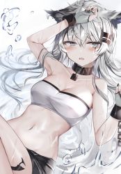 Rule 34 | 1girl, absurdres, animal ears, arknights, arm up, bandeau, bare arms, bare shoulders, black nails, black shorts, breasts, chain, cleavage, collar, collarbone, commentary request, crying, crying with eyes open, cuffs, fingerless gloves, gloves, grey eyes, grey gloves, hair ornament, hairclip, hand up, highres, hiiro60, lappland (arknights), long hair, looking at viewer, material growth, medium breasts, midriff, nail polish, navel, open mouth, oripathy lesion (arknights), scar, scar across eye, scar on face, shackles, short shorts, shorts, silver hair, solo, stomach, strapless, tears, tube top, very long hair, white background, wolf ears