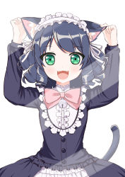 Rule 34 | + +, 1girl, :3, :d, absurdres, animal ears, arms up, bell, black dress, black hair, blush, bow, cat ears, cat girl, cat tail, collar, curly hair, cyan (show by rock!!), dress, frilled collar, frilled dress, frills, green eyes, hairband, hand on own ear, highres, jingle bell, lolita hairband, long hair, long sleeves, looking at viewer, open mouth, pink bow, ribbon, show by rock!!, simple background, smile, solo, sunlight, tail, tareme, upper body, white background, white ribbon, xiaosamiao