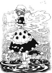 Rule 34 | 1girl, absurdres, bubble, bug, butterfly, cloud, doremy sweet, dream soul, dress, greyscale, hat, highres, bug, ko kita, monochrome, nightcap, pom pom (clothes), short hair, smile, solo, tail, tapir tail, touhou
