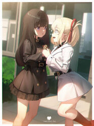 Rule 34 | 2girls, black dress, black hair, black socks, blonde hair, bush, chocolate, commentary request, dress, edgar syu, food, gift, giving food, hand grab, happy valentine, highres, holding, holding chocolate, holding food, holding gift, inoue takina, long hair, looking at another, lycoris recoil, multiple girls, nishikigi chisato, open mouth, purple eyes, red eyes, red footwear, red ribbon, ribbon, short hair, side ahoge, smile, socks, sparkle, valentine, white dress, yuri