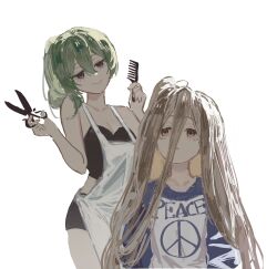 Rule 34 | 2girls, apron, bare shoulders, black bra, black panties, blue shirt, bra, brown eyes, brown hair, closed mouth, comb, commentary, diyokama, english commentary, english text, green hair, highres, holding, holding comb, holding scissors, long hair, looking at another, multiple girls, panties, peace symbol, ponytail, print shirt, purple eyes, scissors, sense (sousou no frieren), shirt, simple background, smile, sousou no frieren, ubel (sousou no frieren), underwear, white apron, white background