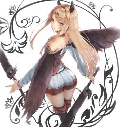 Rule 34 | 1girl, ass, back, bare shoulders, boots, breasts, commentary, dark angel olivia, dress, from behind, granblue fantasy, highres, holding, holding weapon, horns, light brown hair, long hair, looking at viewer, looking back, pleated skirt, reinama, shadowverse, shingeki no bahamut, skirt, solo, sword, thigh boots, thighhighs, v-shaped eyebrows, weapon, wings, yellow eyes