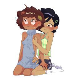 Rule 34 | 2girls, absurdres, amphibia, anne boonchuy, bare arms, bare shoulders, black hair, black shorts, blush, grabbing another&#039;s breast, breasts, brown hair, camisole, covered erect nipples, crop top, dark-skinned female, dark skin, flying sweatdrops, full body, grabbing, green camisole, hair ornament, hairclip, highres, jfps9911, leaf, leaf on head, marcy wu, meme attire, midriff, multiple girls, naked sweater, no shoes, shadow, short hair, shorts, simple background, sitting, small breasts, socks, sweat, sweater, tank top, twig, virgin killer sweater, wariza, white background, white socks, yuri