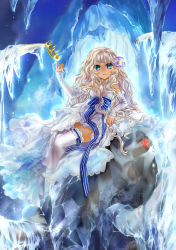 Rule 34 | 1girl, absurdres, blue eyes, cave, crown, detached sleeves, dress, elf, flower, frozen, hair flower, hair ornament, highres, ice, icicle, kingchenxi, original, pointy ears, ribbon, sitting, sleeves past wrists, solo, thighhighs, tusks, white hair, white thighhighs