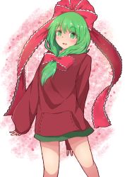 Rule 34 | 1girl, alternate costume, arm behind back, arm up, blush, bright pupils, contrapposto, feet out of frame, front ponytail, gradient background, green eyes, green hair, green skirt, hair ribbon, highres, hood, hood down, hoodie, kagiyama hina, long hair, looking at viewer, miniskirt, mizune (winter), open mouth, pink background, red hoodie, ribbon, skirt, sleeves past wrists, solo, sparkle, standing, touhou, white pupils