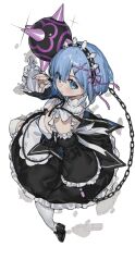 1girl arm_up black_sleeves blue_hair blunt_bangs commentary debris detached_sleeves eyes_visible_through_hair facing_away hair_ornament hair_over_one_eye hair_ribbon highres holding holding_weapon long_sleeves looking_at_viewer looking_back looking_up maid maid_headdress pink_ribbon ranf re:zero_kara_hajimeru_isekai_seikatsu rem_(re:zero) ribbon rock short_hair simple_background solo sparkle weapon white_background