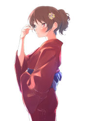 Rule 34 | 1girl, absurdres, alternate costume, blush, brown eyes, brown hair, cowboy shot, flower, from side, girls und panzer, hair flower, hair ornament, highres, japanese clothes, kawanishi shinobu, kimono, obi, oze (xyz go go11), playing with own hair, sash, short ponytail, simple background, solo, white background, wide sleeves