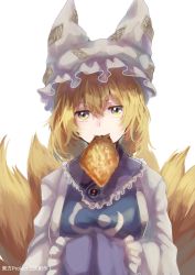 Rule 34 | 1girl, animal ears, animal hat, arms under breasts, blonde hair, commentary request, dress, fox ears, fox tail, frills, hair between eyes, hands in opposite sleeves, hat, highres, long sleeves, looking at viewer, matsukuzu, mob cap, mouth hold, multiple tails, redrawn, short hair, simple background, solo, tabard, tail, touhou, upper body, white background, white dress, white hat, yakumo ran, yellow eyes
