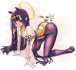 Rule 34 | 1girl, all fours, ass, backless leotard, bare shoulders, black hair, black pantyhose, blunt bangs, blush, character name, closed mouth, detached collar, fake tail, flat chest, gradient hair, halo, headpiece, highres, hololive, hololive english, leotard, looking at viewer, multicolored hair, necktie, ninomae ina&#039;nis, no shoes, nontraditional playboy bunny, orange hair, pantyhose, pointy ears, purple eyes, purple hair, rabbit tail, reason (ficafe), short necktie, sidelocks, smile, solo, straight hair, strapless, strapless leotard, tail, tentacle hair, top-down bottom-up, virtual youtuber, wing collar, wrist cuffs, yellow leotard, yellow necktie