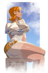 Rule 34 | 1girl, ass, breasts, crate, crossed legs, highres, large breasts, nami (one piece), one piece, orange hair, panties, shirt, sitting, skirt, smile, sweat, sweaty clothes, tan, underwear