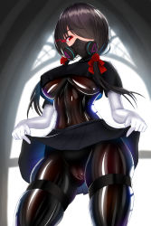 Rule 34 | 1girl, black bodysuit, black hair, black shirt, blurry, blurry background, bodysuit, bodysuit under clothes, breasts, cameltoe, clothes lift, covered navel, cowboy shot, cropped shirt, date a live, elbow gloves, flower, gas mask, gloves, glowing, glowing eye, gluteal fold, hair flower, hair ornament, hair over one eye, hair ribbon, highres, impossible bodysuit, impossible clothes, large breasts, latex, latex bodysuit, lifted by self, long hair, looking at viewer, mask, necktie, nekoda (maoda), pleated skirt, red eyes, ribbon, shiny clothes, shirt, skin tight, skirt, skirt lift, solo, thigh strap, tokisaki kurumi, twintails, underboob, uneven twintails, white gloves, window