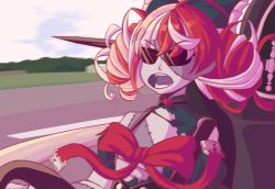 Rule 34 | 1girl, ahoge, blurry, bow, car, day, fangs, hololive, hololive indonesia, jeremy clarkson, kureiji ollie, medium hair, meme, motor vehicle, multicolored hair, open mouth, outdoors, red bow, red hair, solo, sunglasses, teeth, top gear, virtual youtuber, white hair, zetxune