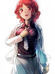 Rule 34 | 1girl, breasts, geppewi, horikawa raiko, jacket, large breasts, looking at viewer, necktie, open mouth, red eyes, red hair, short hair, simple background, sketch, smile, solo, touhou, wavy hair, white background