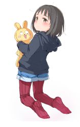 Rule 34 | 1girl, :o, animal ears, animal hood, black hair, black hoodie, blue shorts, blush, brown eyes, fake animal ears, full body, gomennasai, highres, holding, holding stuffed toy, hood, hood down, hoodie, kneeling, pantyhose under shorts, looking away, looking to the side, no shoes, original, pantyhose, parted lips, red pantyhose, short shorts, shorts, simple background, soles, solo, stuffed animal, stuffed rabbit, stuffed toy, tights day, white background