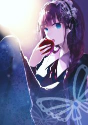 Rule 34 | 1girl, apple, blush, brown hair, food, fruit, highres, jne, long hair, maid, open mouth, original, red apple, snow white, solo