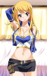 Rule 34 | 1girl, absurdres, arm behind back, bed, bed sheet, bedroom, belt, belt buckle, black skirt, blonde hair, blush, breasts, brown eyes, buckle, cleavage, closed mouth, cowboy shot, elbow gloves, fairy tail, gloves, highres, indoors, jacket, jewelry, large breasts, long hair, looking at viewer, lucy heartfilia, miniskirt, navel, planeptune, ribbon, side slit, skirt, smile, solo, standing, stomach, window