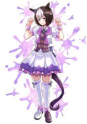 Rule 34 | 1girl, animal ears, armband, asymmetrical footwear, black footwear, black vest, bob cut, braid, brown hair, clenched hands, commentary request, crown braid, frilled skirt, frills, full body, highres, horse ears, horse girl, horse tail, jacket, looking at viewer, mihe, miniskirt, mismatched footwear, multicolored hair, open mouth, pleated skirt, puffy short sleeves, puffy sleeves, purple eyes, shoes, short hair, short sleeves, simple background, skirt, smile, solo, special week (umamusume), standing, tail, thighhighs, transparent background, two-tone hair, umamusume, vest, white background, white footwear, white hair, white jacket, white skirt, white thighhighs, wristband