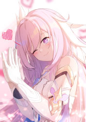 Rule 34 | 1girl, absurdres, blush, caisena, closed mouth, dress, elysia (herrscher of human:ego) (honkai impact), elysia (honkai impact), gloves, heart, highres, honkai (series), honkai impact 3rd, long hair, looking at viewer, multicolored background, one eye closed, own hands together, pink background, pink hair, purple eyes, smile, solo, white background