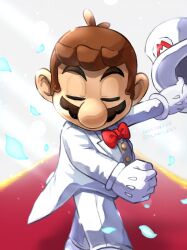 Rule 34 | 1boy, bow, bowtie, brown hair, closed eyes, facial hair, formal, gloves, hat, highres, indoors, jacket, male focus, mario, mario (series), mario (tuxedo), mustache, nintendo, official alternate costume, pants, petals, red bow, red bowtie, short hair, suit, super mario odyssey, top hat, white gloves, white jacket, white pants, white suit, ya mari 6363