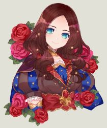Rule 34 | 1girl, blue eyes, brown hair, capelet, commentary, fate/grand order, fate (series), flower, forehead, grey background, leonardo da vinci (fate), long hair, looking at viewer, parted bangs, puffy short sleeves, puffy sleeves, red flower, red rose, rose, short sleeves, simple background, smile, solo, sumifate, symbol-only commentary, upper body