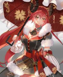 Rule 34 | 1girl, blush, breasts, chiemo (xcem), cleavage, dress, facing viewer, grey background, heart, hermes wilginia, horns, large breasts, long hair, looking at viewer, marking on cheek, monocle, red hair, smile, solo, umbrella, very long hair, vrchat, yellow eyes