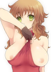 Rule 34 | 00s, 1girl, arm up, armpits, breast slip, breasts, brown hair, christina sierra, clothes lift, female focus, fingerless gloves, gloves, green eyes, gundam, gundam 00, highres, large breasts, long hair, looking at viewer, nipples, plum (arch), shirt lift, simple background, skindentation, solo, tareme, undersized clothes, white background