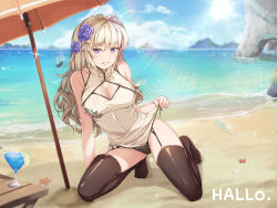 Rule 34 | 1girl, absurdres, arm support, beach, beach umbrella, blonde hair, blue skirt, blush, breasts, cleavage, cleavage cutout, clothing cutout, cloud, crab, day, flower, food, fruit, garter straps, glass bottle, hair flower, hair intakes, hair ornament, hallohi, highres, kneeling, lace, lace-trimmed panties, lace trim, large breasts, lime (fruit), lime slice, long hair, looking at viewer, ocean, original, palm tree, panties, shore, skirt, smile, solo, starfish, swimsuit, thighhighs, tree, umbrella, underwear