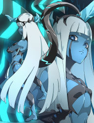 Rule 34 | 001 (darling in the franxx), 1girl, barefoot, blue horns, blue nails, blue skin, blunt bangs, breasts, bright pupils, closed mouth, colored skin, crossed arms, darling in the franxx, fingernails, frown, highres, horns, long hair, nail polish, pretty-purin720, silver hair, small breasts, tail, tail raised, very long hair, white pupils