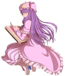 Rule 34 | 1girl, blue bow, blunt bangs, book, boots, bow, coat, crescent, crescent hair ornament, dress, footwear bow, frilled hat, frilled sleeves, frills, glasses, hair ornament, hat, hat ribbon, highres, long hair, long sleeves, looking at viewer, looking back, mefomefo, mob cap, patchouli knowledge, pink coat, pink hat, purple bow, purple dress, purple eyes, purple hair, purple ribbon, ribbon, semi-rimless eyewear, shoes, simple background, solo, striped clothes, striped dress, touhou, under-rim eyewear, white background, white footwear