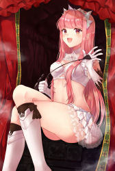 Rule 34 | 1girl, ass, belly, blunt bangs, blush, boots, bra, breasts, chariot, cleavage, crown, elbow gloves, fate/grand order, fate (series), gloves, highres, holding, holding riding crop, long hair, medb (fate), medium breasts, nazuna shizuku, open mouth, pink hair, riding crop, sidelocks, sitting, skirt, smile, tiara, underwear, white gloves, white skirt, yellow eyes