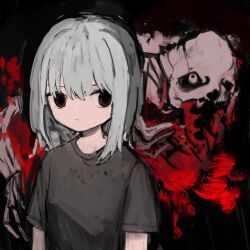 Rule 34 | 1girl, arms at sides, black background, closed mouth, expressionless, grey hair, grey shirt, highres, looking at viewer, medium hair, monster, original, red background, red eyes, shii595, shirt, short sleeves, sideways glance, skeleton, solo, t-shirt, upper body