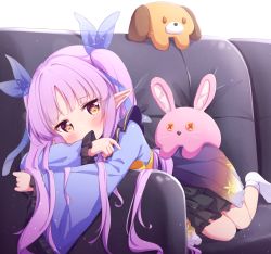 Rule 34 | 1girl, black skirt, blush, brown eyes, couch, covering own mouth, elf, highres, japanese clothes, kimono, kyoka (princess connect!), long hair, looking at viewer, lying, on stomach, pointy ears, princess connect!, purple hair, purple kimono, ribbon, setmen, skirt, socks, solo, stuffed animal, stuffed rabbit, stuffed toy, twintails, white footwear