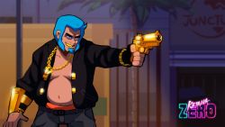 Rule 34 | 1boy, bare pectorals, black eyes, blue hair, character name, copyright name, dark-skinned male, dark skin, denim, facial hair, fat, golden gun, grin, gun, handgun, highres, holding, holding gun, holding weapon, jacket, jeans, jewelry, katana zero, male focus, medium hair, necklace, obese, official art, pants, pectorals, plump, pointing weapon, revolver, smile, solo, topless male, trading card, v (katana zero), weapon, whoisnassstya, yellow teeth