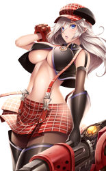 Rule 34 | 10s, 1girl, absurdres, alisa ilinichina amiella, arm at side, belt, black footwear, black gloves, black pantyhose, black shirt, blue eyes, blush, boots, breasts, cowboy shot, crop top, female focus, gloves, god eater, hair between eyes, hat, highres, holding, holding weapon, large breasts, long hair, looking at viewer, miniskirt, navel, pantyhose, parted lips, pink lips, plaid, plaid skirt, shirt, skirt, solo, stomach, strap slip, suspender skirt, suspenders, thigh boots, thighhighs, underboob, watanuki kaname, weapon, white background, white hair
