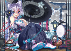 Rule 34 | 1girl, :d, amakawa sakko, animal ears, architecture, arm support, bad id, bad pixiv id, bare shoulders, bird, blue legwear, blue skirt, blurry, blush, branch, breasts, daruma doll, depth of field, detached sleeves, drum, east asian architecture, english text, eyebrows, flower, fox ears, full body, hair between eyes, hair flower, hair ornament, instrument, japanese clothes, lantern, long hair, long sleeves, looking at viewer, medium breasts, ofuda, oil-paper umbrella, on floor, open mouth, original, purple eyes, sample watermark, sitting, skirt, slit pupils, smile, snow, snowing, solo, torii, umbrella, very long hair, watermark, white legwear, wooden floor
