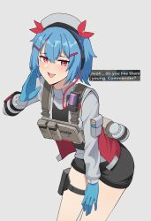 1girl absurdres black_shorts blue_hair blush breasts colphne_(girls&#039;_frontline_2) english_text gar32 girls&#039;_frontline girls&#039;_frontline_2:_exilium gloves hair_between_eyes hair_ornament hair_ribbon hairclip half-closed_eyes half_gloves hand_up highres holster jacket leaning_forward looking_at_viewer medium_hair red_eyes red_ribbon ribbon short_shorts shorts small_breasts smug solo standing thigh_holster twintails white_jacket