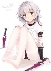Rule 34 | 1girl, :3, artist name, bandaged arm, bandages, black gloves, blush, buruma, cat, closed mouth, crossed bangs, dagger, dual wielding, facial scar, fate/apocrypha, fate (series), feet, fingerless gloves, gloves, green eyes, gym uniform, highres, holding, jack the ripper (fate/apocrypha), knees up, knife, looking at viewer, nahaki, name tag, no shoes, pantyhose, pantyhose under buruma, scar, scar across eye, scar on cheek, scar on face, short hair, short sleeves, signature, silver hair, simple background, sin-poi, sitting, smile, soles, solo, thighband pantyhose, thighs, toes, underwear, weapon, white background, white pantyhose, | |