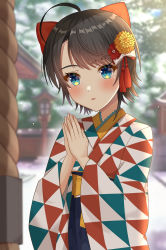Rule 34 | 1girl, absurdres, ahoge, aqua eyes, blurry, blurry background, blush, bow, brown hair, commentary request, flower, hair bow, hair flower, hair ornament, hatsumoude, highres, hisui (user zvkr2432), hololive, japanese clothes, kimono, looking at viewer, new year, oozora subaru, oozora subaru (new year), open mouth, outdoors, own hands together, praying, red bow, short hair, shrine, solo, virtual youtuber