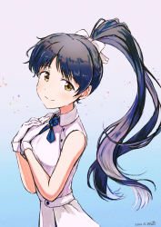 Rule 34 | 1girl, absurdres, birthday, black hair, blue background, commentary, dated, gloves, gradient background, hair ribbon, hand on own chest, hazuki ren, high ponytail, highres, jungle zzz, long hair, looking at viewer, love live!, love live! superstar!!, ponytail, ribbon, sleeveless, solo, upper body, white background, white gloves, white ribbon, wish song, yellow eyes