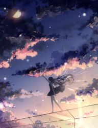 Rule 34 | 1girl, bare arms, bare legs, bare shoulders, barefoot, black dress, black hair, chunnkoromochi, cloud, cloudy sky, dress, fence, floating hair, hatsune miku, highres, long hair, on fence, original, outstretched arm, sky, sleeveless, sleeveless dress, solo, sunlight, sunset, very long hair, vocaloid, walking, wind, yoake to hotaru (vocaloid)