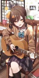 Rule 34 | 1girl, absurdres, black thighhighs, blue bow, bow, guitar, hair between eyes, highres, indoors, instrument, long hair, long sleeves, looking at viewer, nagase yuka, open mouth, shirt, sitting, skirt, smile, solo, tare negima, thighhighs, virtual youtuber, vocaloid, vsinger, youtube