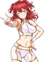 Rule 34 | 1girl, ;), armpit crease, breasts, cowboy shot, crop top, freckles, gluteal fold, gundam, gundam 00, hair between eyes, hand on own hip, highres, long hair, looking at viewer, medium breasts, midriff, navel, nena trinity, one eye closed, red hair, shorts, simple background, skin tight, smile, solo, tsurui, two side up, v, white background, yellow eyes